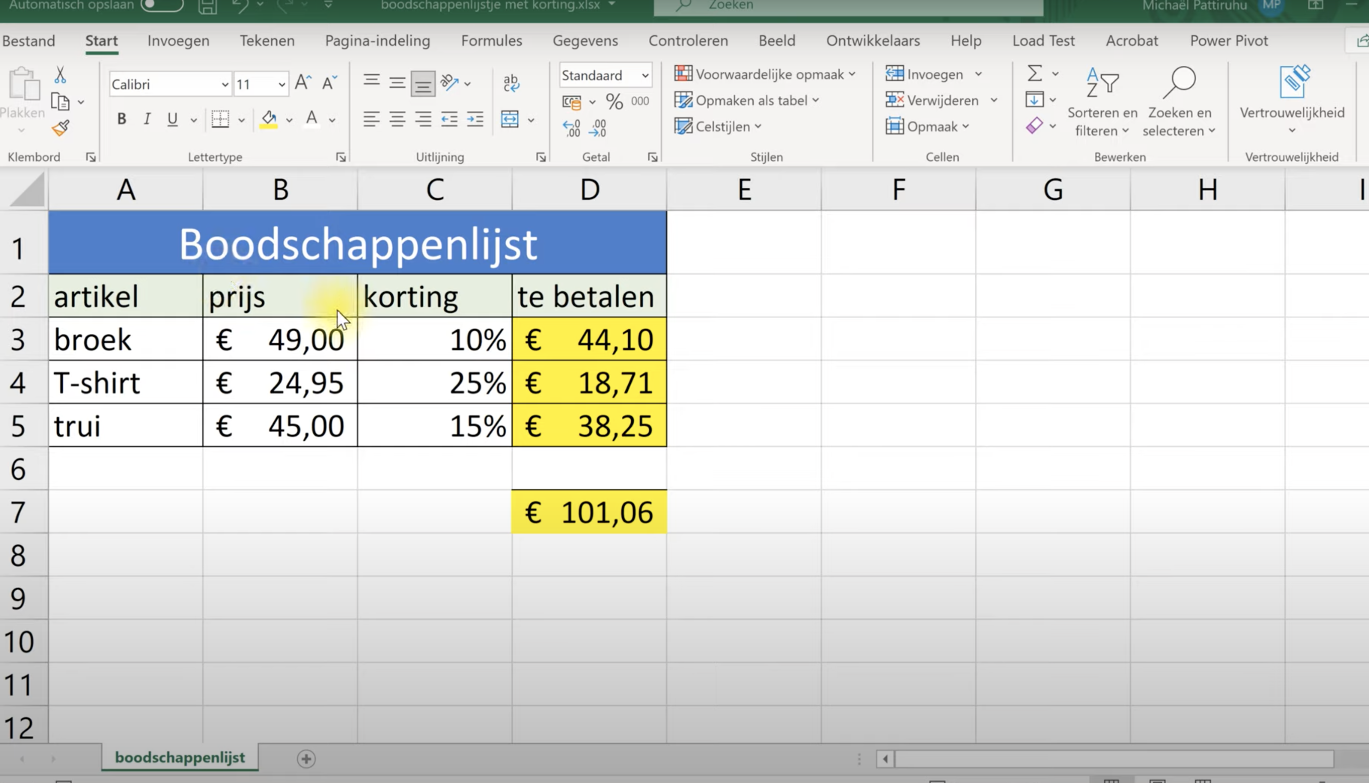 Opgaven om te oefenen met Excel